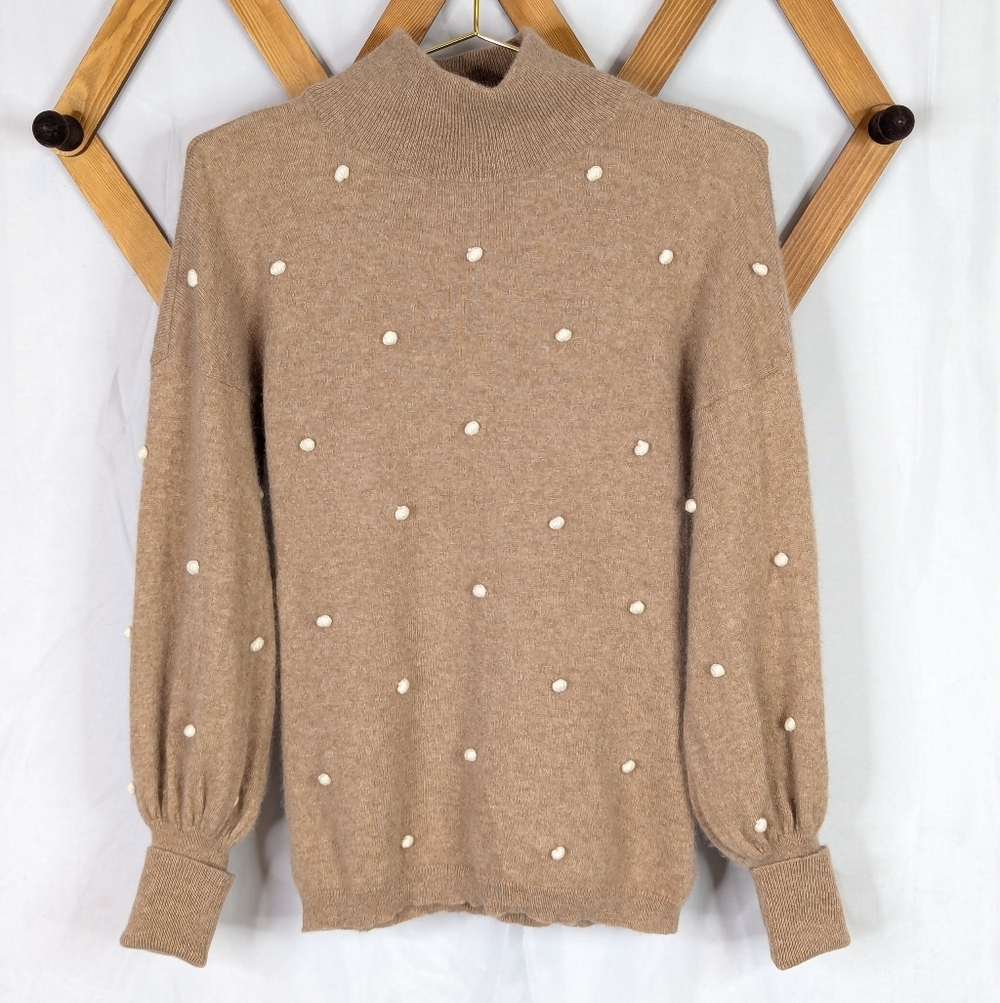 Charter Club Luxury Cashmere Pom Pom Tan Turtleneck Sweater - Small